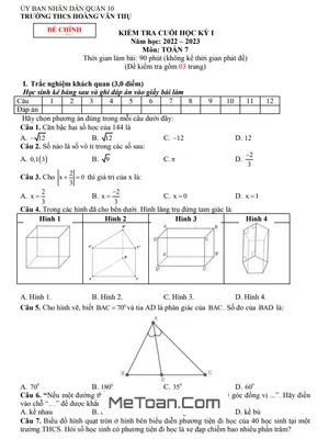 Đề Thi Cuối Kỳ 1 Toán 7 Năm 2022-2023 Trường THCS Hoàng Văn Thụ - TP. HCM (Có Đáp Án)