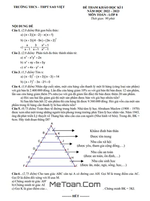 Đề tham khảo học kỳ 1 Toán 8 năm 2022 – 2023 trường Sao Việt – TP HCM
