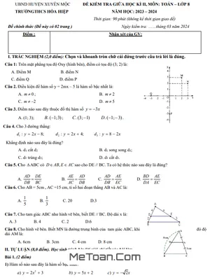 Đề thi giữa kì 2 Toán 8 năm 2023 - 2024 trường THCS Hòa Hiệp - BR VT