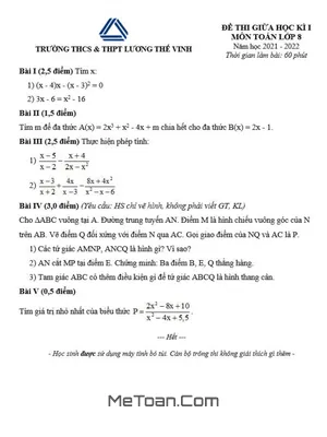 Đề thi giữa kì 1 Toán 8 năm 2021 - 2022 trường Lương Thế Vinh - Hà Nội