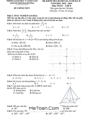 Đề thi học kì 2 Toán 8 năm 2023 - 2024 phòng GD&ĐT Hải Dương
