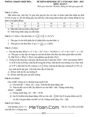 Đề thi học kỳ 2 Toán 7 năm 2020 - 2021 phòng GD&ĐT Hiệp Hòa - Bắc Giang