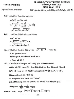 Đề khảo sát đầu năm Toán 9 năm 2022 – 2023 trường THCS Xuân Đỉnh – Hà Nội