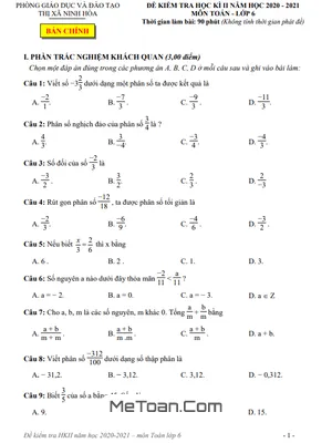 Đề thi học kì 2 Toán lớp 6 năm 2020 - 2021 phòng GD&ĐT thị xã Ninh Hòa (có đáp án)