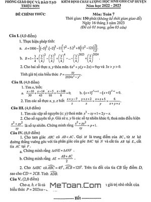 Đề thi HSG Toán 7 năm 2022 - 2023 phòng GD&ĐT Triệu Sơn, Thanh Hóa