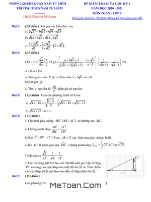 Đề thi giữa kì 1 Toán 9 năm 2020 - 2021 trường THCS Nam Từ Liêm - Hà Nội