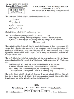 Đề thi HK2 Toán 9 năm 2019 - 2020 trường THCS Phạm Đình Hổ - TP HCM (Có đáp án)