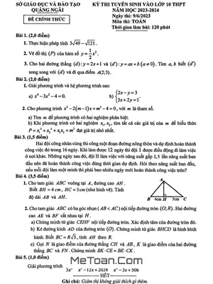 Đề thi tuyển sinh lớp 10 môn Toán Quảng Ngãi năm 2023 - 2024