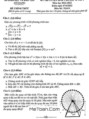 Đề thi tuyển sinh lớp 10 môn Toán năm 2022 - 2023 Sở GD&ĐT An Giang