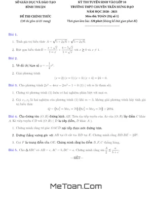 Đề thi vào lớp 10 môn Toán (hệ số 1) trường chuyên Trần Hưng Đạo - Bình Thuận năm học 2020 - 2021