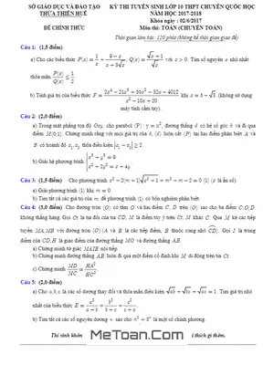Đề thi Tuyển Sinh Lớp 10 Môn Toán Trường THPT Chuyên Quốc Học - TT Huế Năm 2017 - 2018