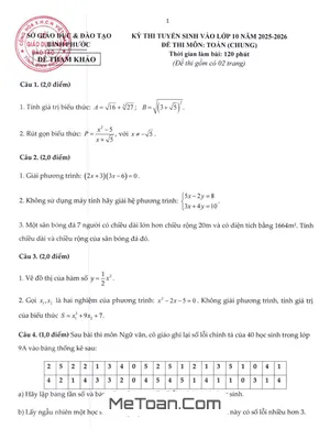 Đề tham khảo tuyển sinh lớp 10 môn Toán (chung) năm 2025 - 2026 sở GD&ĐT Bình Phước