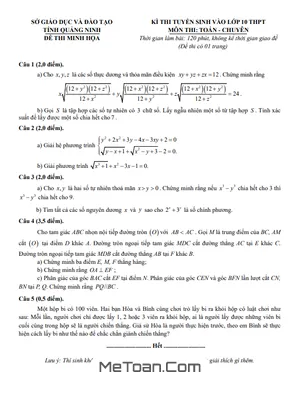 Đề minh họa tuyển sinh lớp 10 môn Toán (chuyên) năm 2025 - 2026 Sở GD&ĐT Quảng Ninh