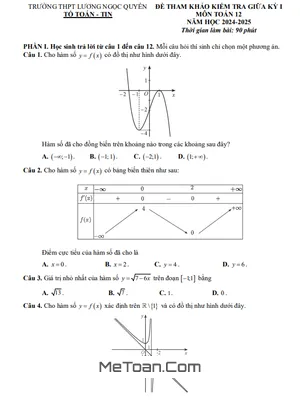 Đề Tham Khảo Giữa Kỳ 1 Toán 12 Năm 2024 - 2025 Trường THPT Lương Ngọc Quyến - Thái Nguyên
