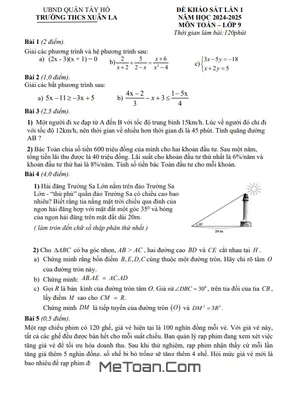 Đề khảo sát chất lượng lần 1 Toán 9 năm 2024 - 2025 trường THCS Xuân La - Hà Nội