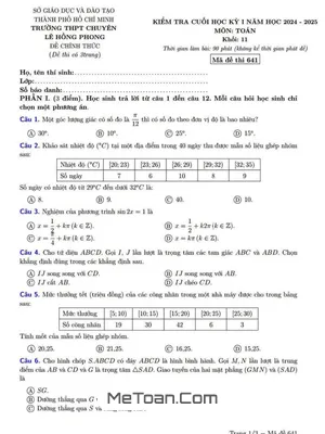 Đề thi học kỳ 1 Toán 11 năm 2024 - 2025 trường chuyên Lê Hồng Phong - TP HCM