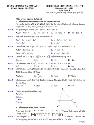 Đề thi học kỳ 1 Toán 8 năm 2024 - 2025 phòng GD&ĐT Xuân Trường - Nam Định
