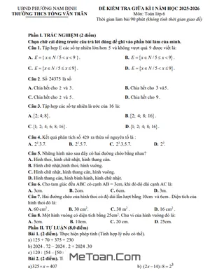 Đề Thi Giữa Học Kỳ 1 Toán 6 Năm 2025 - 2026 Trường THCS Tống Văn Trân, Ninh Bình (Có Đáp Án Chi Tiết)