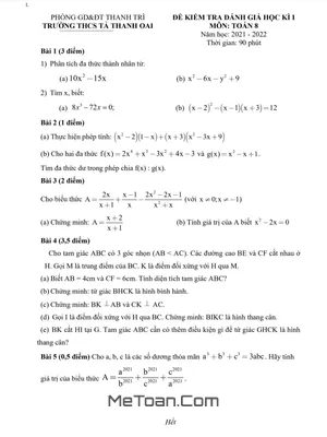 Đề thi học kì 1 Toán lớp 8 năm 2021 - 2022 trường THCS Tả Thanh Oai - Hà Nội