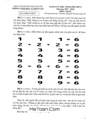 Đề thi Giao lưu HSG Toán 8 năm 2017 - 2018 phòng GD&ĐT TP. Thái Nguyên