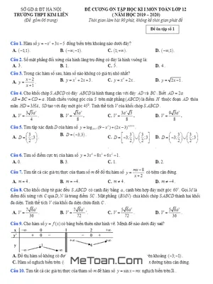 Đề cương ôn tập học kì 1 Toán 12 năm 2019 - 2020 trường Kim Liên - Hà Nội