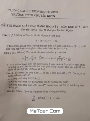 Đề thi đánh giá công bằng học kỳ I Toán 11 năm 2017 - 2018 trường THPT chuyên KHTN Hà Nội