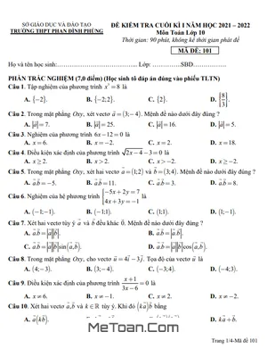 Đề thi học kì 1 Toán 10 năm 2021 - 2022 trường THPT Phan Đình Phùng - Quảng Bình