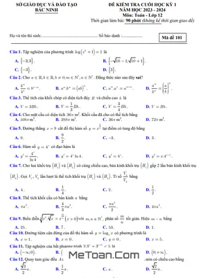Đề kiểm tra cuối kỳ 1 Toán 12 năm 2023 - 2024 sở GD&ĐT Bắc Ninh