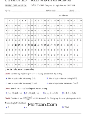 Đề thi học kỳ 1 Toán 12 năm 2019 - 2020 trường THPT An Phước - Ninh Thuận [Có đáp án]