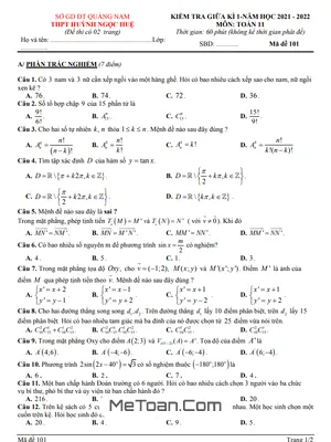 Đề thi giữa HK1 Toán 11 năm 2021 - 2022 trường THPT Huỳnh Ngọc Huệ - Quảng Nam