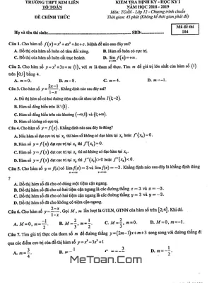 Đề kiểm tra định kỳ học kỳ 1 Toán 12 năm học 2018 – 2019 trường THPT Kim Liên – Hà Nội