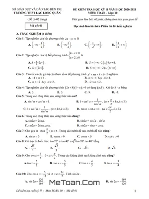 Đề thi HK2 Toán 10 năm 2020 - 2021 trường THPT Lạc Long Quân - Bến Tre