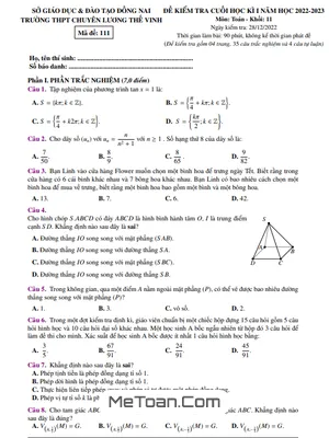 Đề thi học kì 1 Toán 11 năm 2022 – 2023 trường chuyên Lương Thế Vinh – Đồng Nai