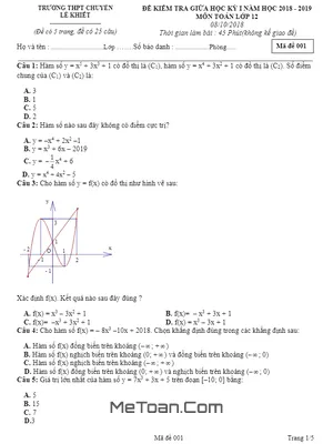 Đề thi giữa kỳ 1 Toán 12 năm 2018 - 2019 trường THPT chuyên Lê Khiết - Quảng Ngãi