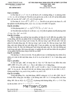 Đề thi học sinh giỏi Toán 10 cấp tỉnh năm 2022 - 2023 Sở GD&ĐT Hà Nam