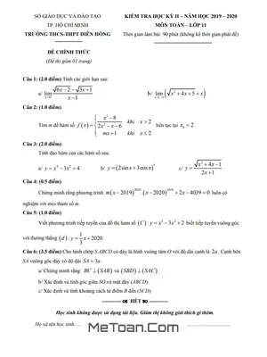 Đề thi học kì 2 Toán 11 năm 2019 - 2020 trường Diên Hồng - TP HCM