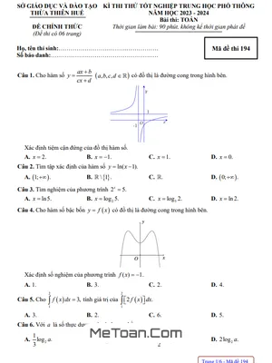 Đề thi thử tốt nghiệp THPT năm 2024 môn Toán sở GD&ĐT Thừa Thiên Huế