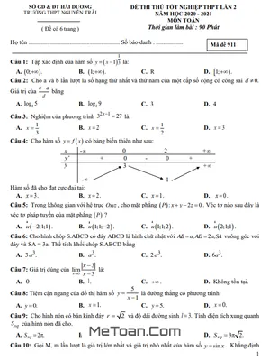 Đề thi thử Toán tốt nghiệp THPT 2021 lần 2 trường chuyên Nguyễn Trãi – Hải Dương