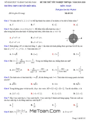 Đề thi thử tốt nghiệp THPT 2020 lần 2 môn Toán trường chuyên Biên Hòa – Hà Nam