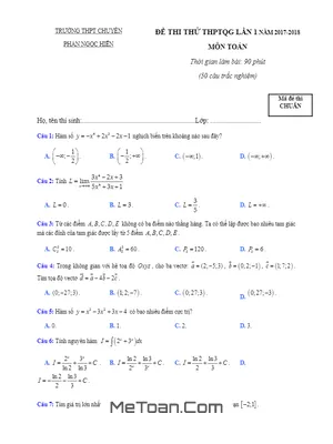 Đề thi thử Toán THPTQG lần 1 năm 2017 - 2018 trường chuyên Phan Ngọc Hiển - Cà Mau