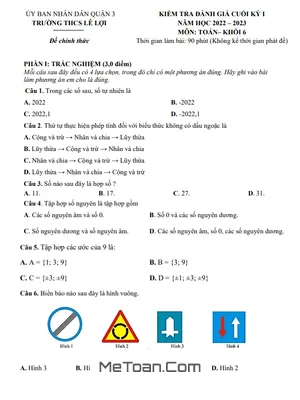 Đề Cuối Kỳ 1 Toán 6 Năm 2022 - 2023 Trường THCS Lê Lợi - TP HCM