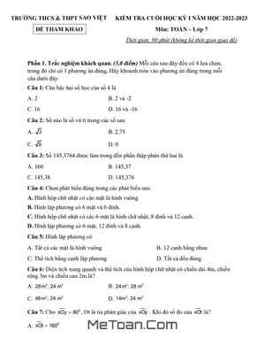 Đề Tham Khảo Học Kỳ 1 Toán 7 Năm 2022 - 2023 Trường Sao Việt - TP HCM
