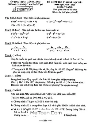 Đề thi học kì 1 môn Toán lớp 8 năm 2020 - 2021 phòng GD&ĐT Quận 2 - TP.HCM
