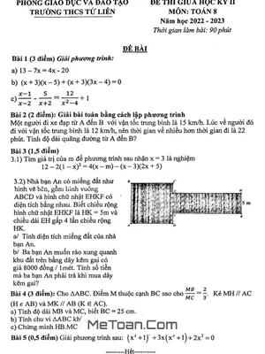 Đề thi giữa kỳ 2 Toán 8 năm 2022 - 2023 trường THCS Tứ Liên - Hà Nội