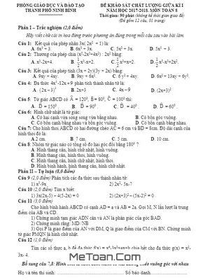 Đề khảo sát chất lượng giữa kỳ I Toán 8 năm 2017-2018 - Phòng GD&ĐT Ninh Bình