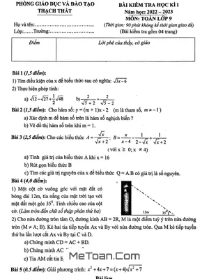 Đề Thi Học Kì 1 Toán 9 Năm 2022 - 2023 Phòng GD&ĐT Thạch Thất - Hà Nội
