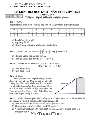 Đề kiểm tra Học kỳ 2 Toán 7 năm 2019 - 2020 trường THCS Nguyễn Trung Trực - TP HCM