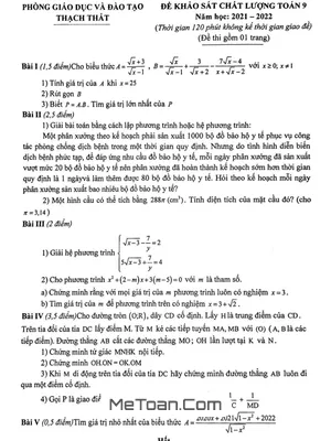 Đề khảo sát Toán 9 năm 2021 - 2022 phòng GD&ĐT Thạch Thất - Hà Nội
