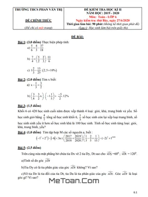 Đề thi học kì 2 Toán lớp 6 năm 2019 - 2020 trường THCS Phan Văn Trị - TP.HCM (có đáp án)