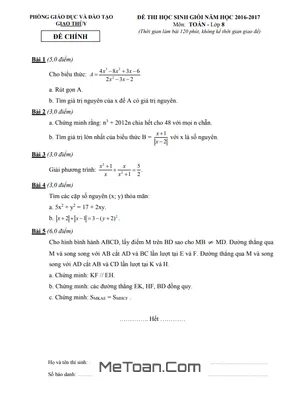 Đề thi học sinh giỏi Toán 8 năm 2016 - 2017 phòng GD&ĐT Giao Thủy - Nam Định